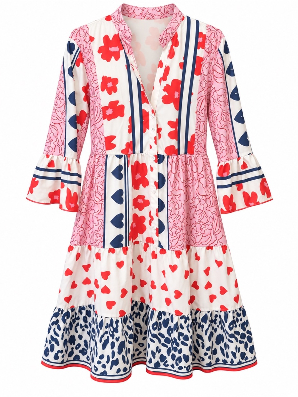 Pink Floral & Heart Print Tiered Midi Dress